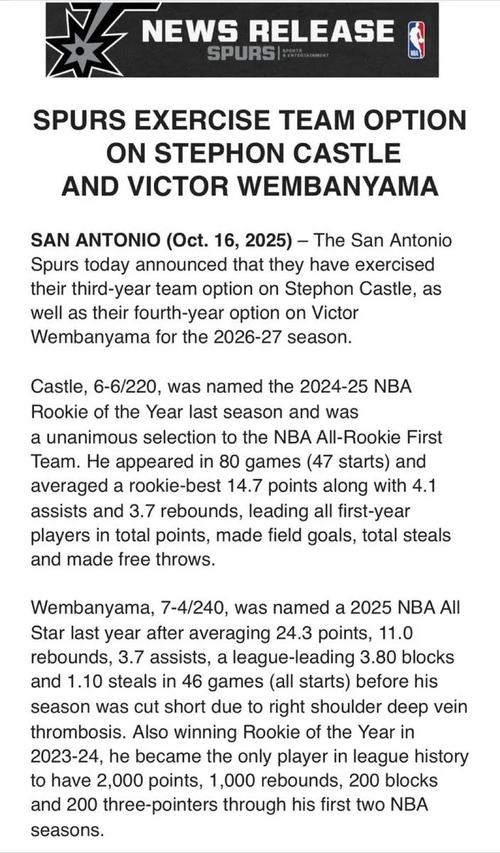 里程悲！文班与卡斯尔同场均砍下三双 马刺队史首对